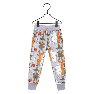 Gráar jogging buxur fyrir krakka með myndum af múmínálfunum.